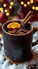 Aromatic Mulled Wine in Rustic Mug with Cinnamon Sticks and Orange Slice Amid Snowy Winter Wonderland with Glowing Holiday Lights and Festive Decor