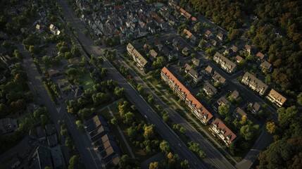 Naklejka premium Aerial view of suburban neighborhood with houses, roads, and trees.