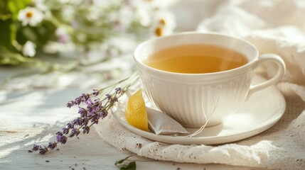 A cozy cup of herbal tea infused with chamomile, lavender, and lemon