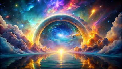 A celestial archway reveals a swirling nebula, surrounded by colorful clouds and stars, reflecting in a still body of water.