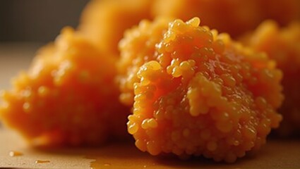 Close-up of orange caviar on a neutral background, highlighting texture and color. Generative, AI.
