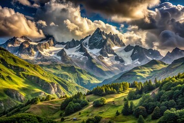 Breathtaking Architectural Photography of the Pyrenees Mountains Draped in Ethereal White and Gray Clouds Capturing Nature's Majesty and Tranquility in a Serene Landscape