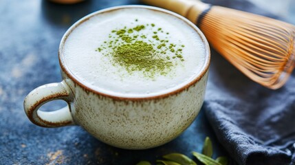 A cozy cup of matcha latte topped with frothy milk and a sprinkle of matcha powder, Matcha latte served in a ceramic mug, Bamboo whisk for stirring