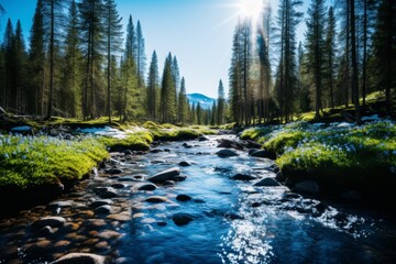 Scenic forest landscape featuring a rocky mountain river under a bright sunny sky