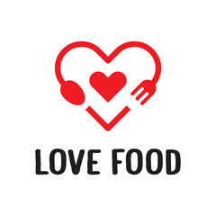 Love food logo design vector template with heart shape, spoon, and fork.