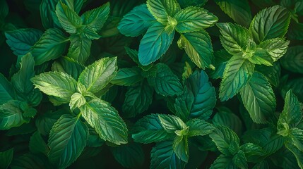 Fresh green mint leaves background. Top view nature background texture with spearmint herb