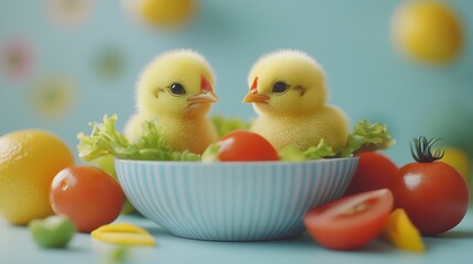 Two cute baby chicks sitting in a salad bowl surrounded by vegetables. Funny chicken salad or vegan animal cruelty concept.