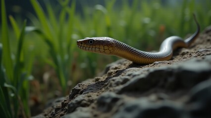 Fototapeta premium A dynamic image of a snake in motion, demonstrating its agility and grace as it moves across the wild terrain, emphasizing its fluid movement and sleek body.