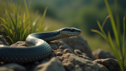 Obraz premium A dynamic image of a snake in motion, demonstrating its agility and grace as it moves across the wild terrain, emphasizing its fluid movement and sleek body.