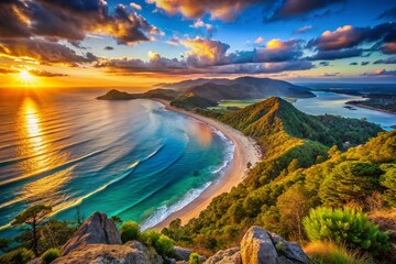 Naklejka premium Breathtaking Dawn View from High Mountain Overlooking Deep Blue Ocean and Sandy Beach Coastline in Warm Evening Light with Ample Copy Space for Text