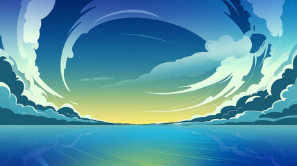 Stylized illustration of a seascape at sunset.  Dominated by a swirling, pale blue sky with dark clouds at the horizon. Calm, teal ocean reflects the sky.  Colors are predominantly blues, teals