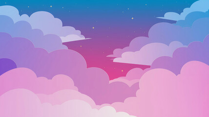 Fototapeta premium Stylized illustration of a pastel sky. Pink, purple, and blue hues dominate a sky filled with soft, rounded clouds. Sparse, small yellow stars are visible. The overall style is simple and dreamy.