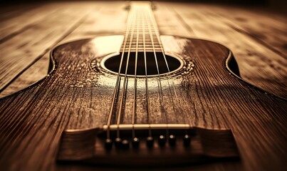 Obraz premium High-resolution close-up of a classic acoustic guitar’s body and strings on a polished wood table