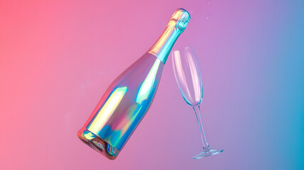 Fototapeta premium Champagne, Sparkling Wine, Celebration, Party, Festive, Luxury, Colorful, Iridescent, Holographic, Prismatic, Glass, Stemware, Balloons, Pink, Purple, Blue, Vibrant, Abstract, Modern, Artistic, Minima
