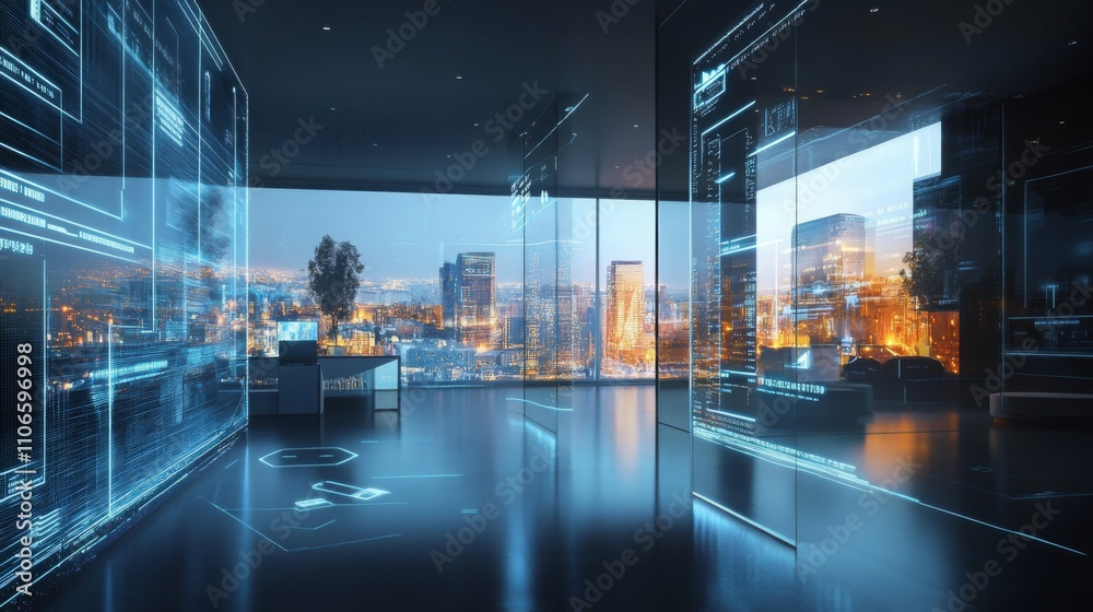 Aufkleber a sleek real estate office showcases advanced ai technology with digital displays. floor-to-ceiling 