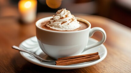 A cup of rich hot chocolate topped with a dollop of whipped cream, Minimalist cafe setting, Cup centered