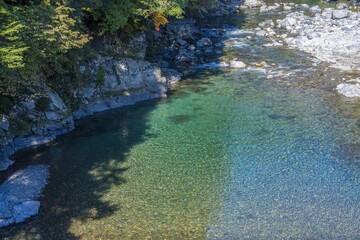 Fototapeta premium 秋のエメラルドグリーンの清流の情景