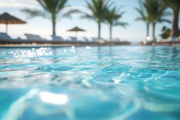 A close-up of a swimming pool at a luxury resort, showing the clear blue water with the pools edge and palm trees in the background.