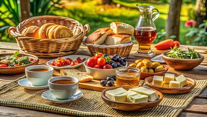 Fototapeta premium A rustic picnic table adorned with a medley of freshly baked bread, vibrant cherry tomatoes, succulent olives, and a sweet, golden honey