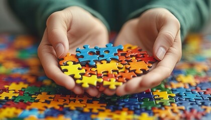 Hands Cradling Colorful Puzzle Pieces in Heart Shape