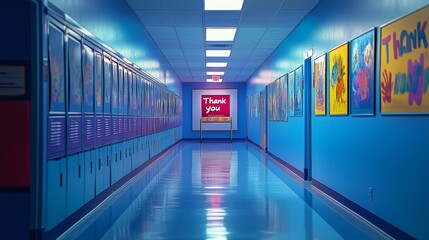Fototapeta premium Vibrant School Corridor with Bright Lockers and Student Art Display Featuring Heartfelt 