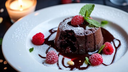 A decadent chocolate lava cake oozing with molten chocolate and served with a scoop of vanilla ice cream, Lava cake plated elegantly, Powdered sugar dusting for presentation