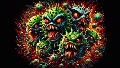 Fototapeta premium Fierce Cartoon-like Bacteria Representing a Threatening Viral Infection