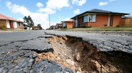 Obraz premium A close-up view of a deep crevice running through a suburban street, revealing layers of earth below.