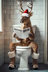 Comical Reindeer in Santa Hat Sitting on Toilet Reading Newspaper in Festive Bathroom Setting