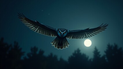 Obraz premium A dramatic and graceful portrayal of an owl in flight, gliding through the night sky. The moonlit backdrop and quiet, fluid motion of the owl capture its power and mystery as a nocturnal predator.