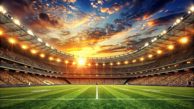 A vast stadium bathed in the golden hues of twilight, its bleachers brimming with spectators, anticipates the thrill of the game under a sky ablaze with vibrant colors.