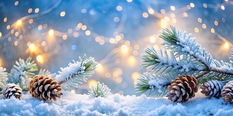 Naklejka premium Frosted Pine Branches and Cones Resting on a Snowy Surface with a Blurry Background of Warm Lights