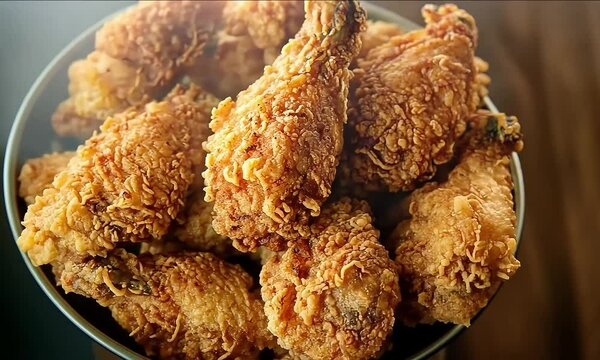 Golden, crispy fried chicken in a bucket, steaming with hot, crunchy texture, captured from a top-down view.