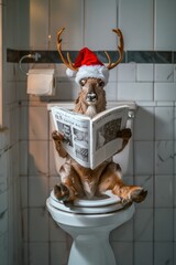Humorous Reindeer in Santa Hat Sitting on Toilet Reading Newspaper in Festive Bathroom Setting