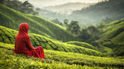 Fototapeta premium Woman in red dress sits peacefully in lush green tea plantation at sunrise