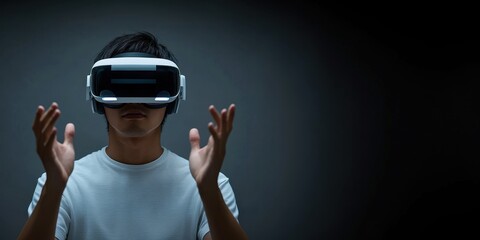 Person engages in virtual reality experience with headset on in a dimly lit environment