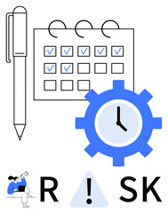 Business planning concept featuring a calendar with checkmarks, a pen, a clock gear, and a risk analysis symbol with a blue alert triangle. Ideal for project management, time management, scheduling