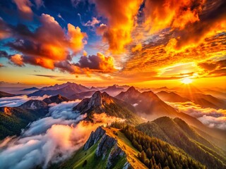 Naklejka premium Breathtaking Mountain Range at Sunset with Vibrant Orange Sky and Clouds Illuminated by Bright Sunlight – Perfect for Nature Lovers and Travel Enthusiasts