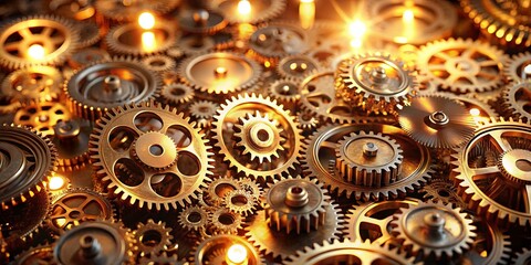 A mesmerizing array of interconnected golden gears illuminated by soft warm lights, creating a sense of intricate motion and seamless operation.