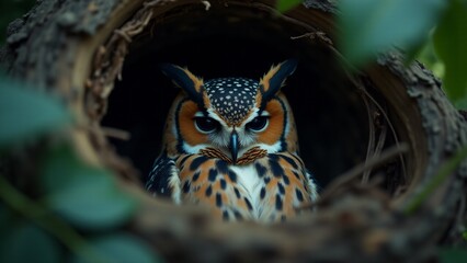 Fototapeta premium A peaceful image of an owl in its nest, resting in its natural habitat. The setting conveys the owl’s quiet, serene life in the wild, with natural elements framing the scene.