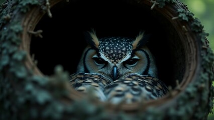 Obraz premium A peaceful image of an owl in its nest, resting in its natural habitat. The setting conveys the owl’s quiet, serene life in the wild, with natural elements framing the scene.