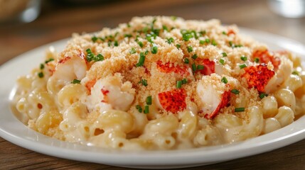 A decadent plate of lobster macaroni and cheese with chunks of tender lobster meat and a creamy cheese sauce, Macaroni and cheese plate centered, Warm diffused lighting accentuating the gooey cheese