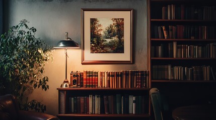 Cozy interior featuring a simple old bookshelf and a framed artwork on the wall, set in a warm and inviting atmosphere that exudes vintage charm and timeless elegance.