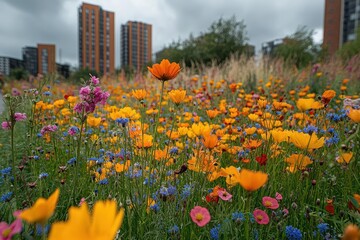 a lush urban green space bursts with colorful wildflowers, showcasing biodiversity amid the bustling concrete jungle of a vibrant city center, merging nature with urban living