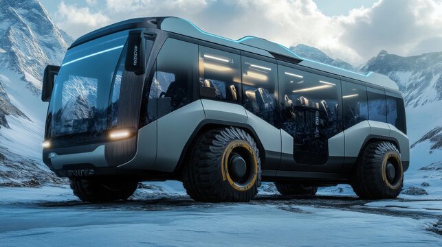 An advanced electric bus is presented in a stunning mountain setting, highlighting its modern design and large wheels suited for rugged terrain.