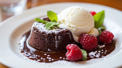 A decadent plate of molten chocolate lava cake with a scoop of vanilla ice cream and fresh raspberries, Lava cake plate centered, Soft natural light highlighting the gooey center