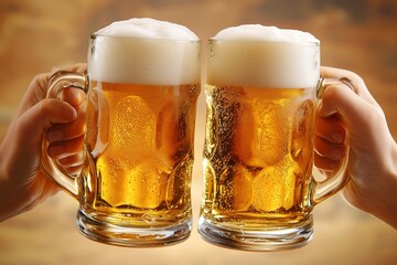 Two hands toasting with beer mugs on a blurred background. Pair of hands holding large beer mugs, making a toast against a blurred golden background