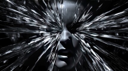Obraz premium A surreal image depicting a face breaking through a glass-like barrier, conveying tension.