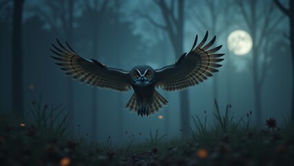 Fototapeta premium A powerful scene of an owl hunting, emphasizing its precision and skill as it swoops down in search of prey. The moonlit backdrop and intense focus of the owl create a thrilling atmosphere.