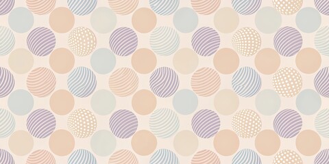 A Seamless Pattern of Geometric Spheres with Striped and Dotted Designs in Soft Pastel Tones